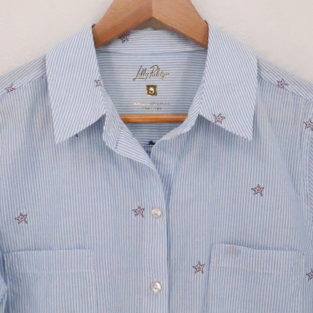 Lilly Pulitzer Sea View Button Down Shirt Size S Hydra Blue Stripe Embroidered - Picture 12 of 13